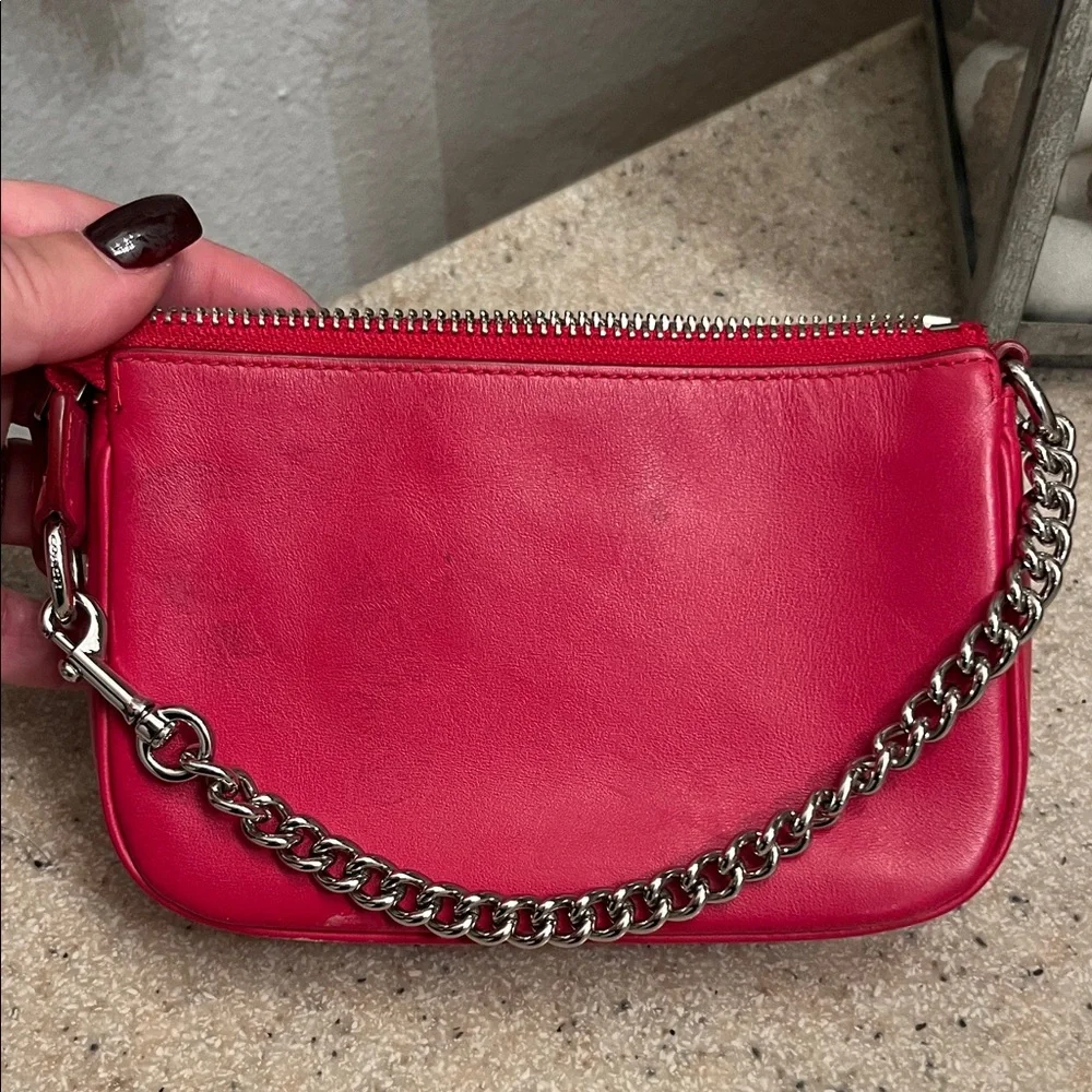 Coach Red Leather Wristlet with Chain Strap